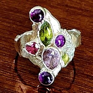 VINTAGE '70'S .999 FINE SILVER Multi Gemstone Modern Brutalist Ring-sz.6.5
